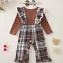 Renotemy Newborn Baby Girl Clothes Fall Winter Outfit Ribbed Romper Plaid Overalls Jumpsuit Infant Girl Outfits 0-18 Months (Brown)