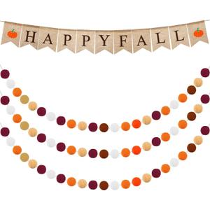 Tatuo Happy Fall Burlap Banner with 3 Pieces Fall Pom Pom Garland Wool Felt Ball Garland Thanksgiving Decoration for Harvest Time Autumn Theme Party Thanksgiving Supplies (Classic Style)