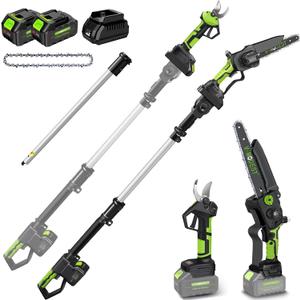 4-in-1 Pole Saw & Electric Pruning Shears, 8 Inch Pole Saws for Tree Trimming, Cordless Pruning Shears with 15ft Max Extension Pole, 2 * 4.0Ah Battery Powered Pole Saw Pole Pruner for Garden