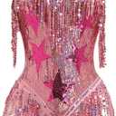 IMEKIS Women Sparkle Stars Fringes Bodysuit Concert Rave Outfit Shiny Music Festivals Halloween Cosplay Alien Costumes (Small, Pink)