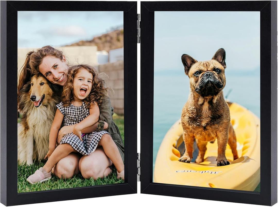 5x7 Double Picture Frame Vertical Wooden Hinged Photo Frame 2 Opening Folding Collage with Definition Glass, Black 2 Packs