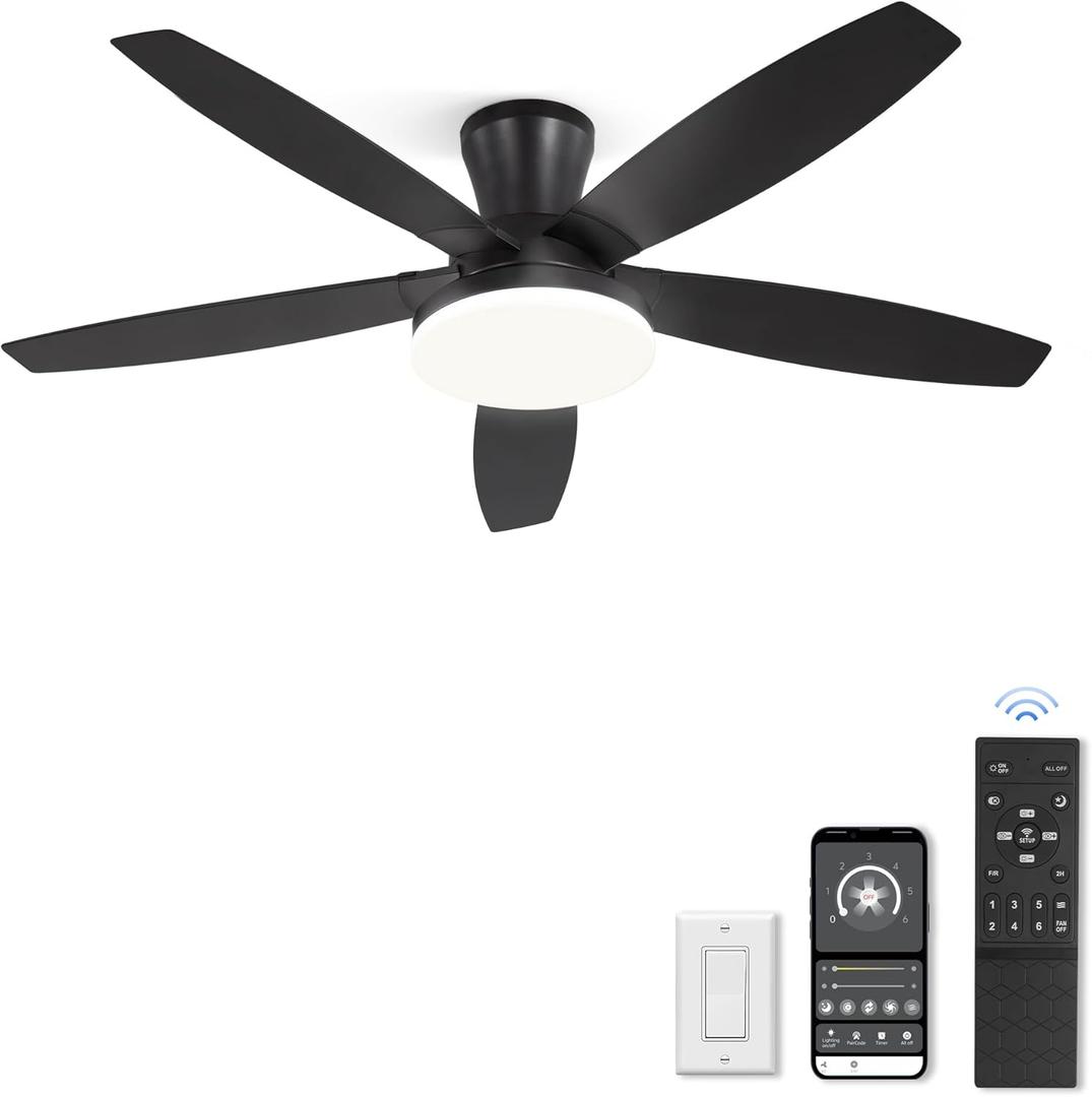 48 inch Ceiling Fans with Lights and Remote/APP Control,Black Low Profile Ceiling Fan with Light,Quiet DC Motor,LED Dimmable, Modern Flush Mount Ceiling Fan for Bedroom Indoor/Outdoor Patio