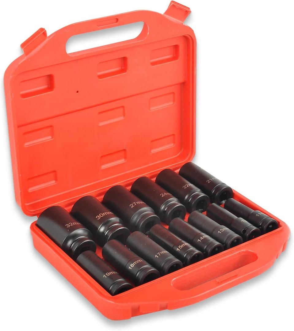 1/2" Drive Deep Impact Socket Set, 14 Piece 6 Point Metric Sizes 11-32mm(11 12 13 14 15 17 18 19 21 22 24 27 30 32mm),Cr-V Steel,Deep Socket Set 1/2 Drive