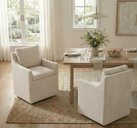 KISLOT Upholstered Dining Chairs Set of 2, Modern Dining Room Chairs with Casters & Washable Cover, Rolling Accent Chair with Comfy Backrest for Kitchen, Farmhouse, Living Room, Linen