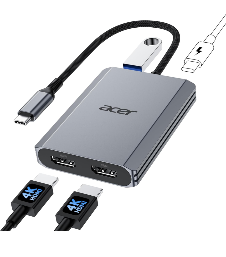 Acer USB   C  to Dual HDMI adapter 4k @60hz 4 in one adapter HDMI Splitter for Dual Monitors with 100W PD, USB 3.0, Docking Station Dual Monitor Compatible with Acer, MacBook Air/Pro, Dell XPS, HP, etc