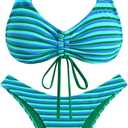 ZAFUL Women's Bikini Sets Flocking Textured High Cut Ruched Swimsuit Colorful Stripes Drawstring Bathing Suit (Medium, 0-blue Green)