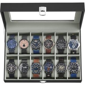 SONGMICS Watch Box, 12-Slot Watch Case Organizer with Large Glass Lid, Removable Pillows, Gift for Loved Ones, Black Synthetic Leather, Gray Lining UJWB12BK