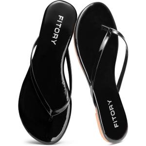 FITORY Womens Flip Flops, Fashion Casual Thong Walking Slide with Vegan Leather, Comfortable Summer Beach Flat Sandals for 2025 Indoor and Outdoor, Size 8, Black Patent)