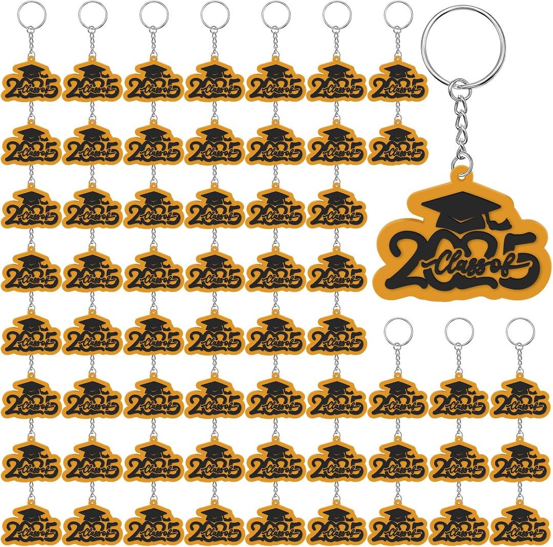Batiyeer 60 Pieces Class of 2025 Graduation Keychains, Rubber Key Chains Grad Cap Charms Graduation Gifts (Black, Gold)