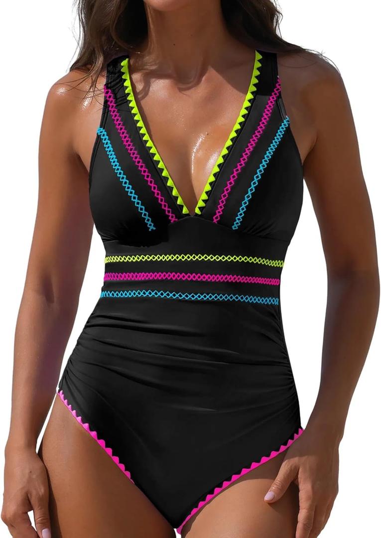 popvil One Piece Swimsuits for Women 2026 Tummy Control Neon Bathing Suit with Adjustable Strap (Blue, XL)