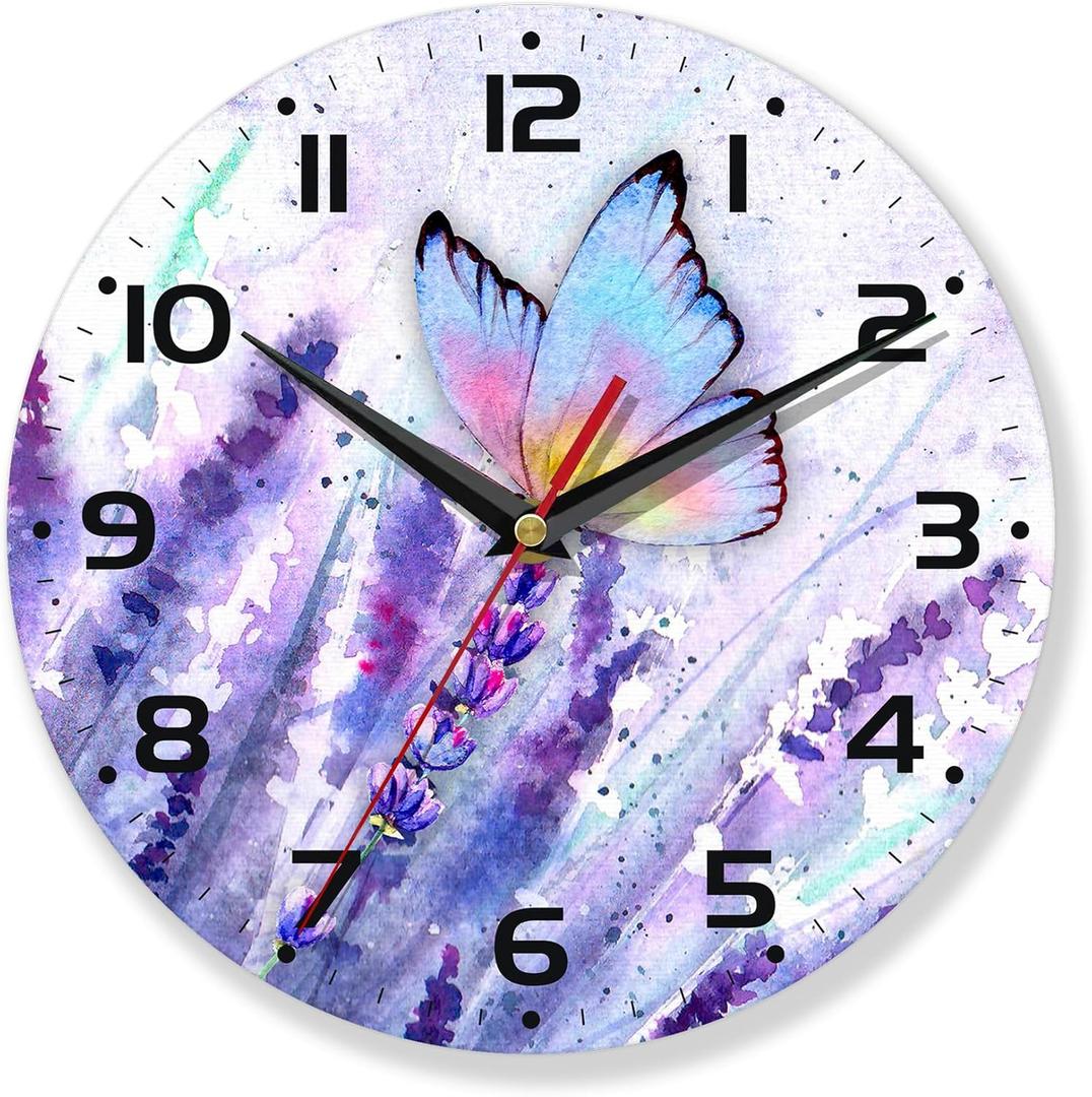 Purple Wall Clocks,Lavender Wall Clock Decorative,Butterfly Kitchen Wall Clocks Battery Operated - 10 Inch Round Bathroom Wall Clock Silent Non-Ticking