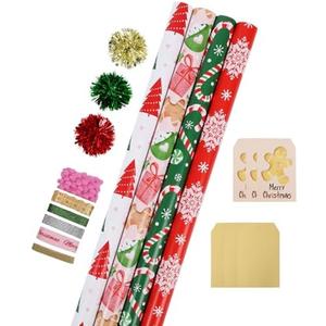 LaRibbons Christmas Wrapping Paper Sets, Snowflake & Candy Cane & Gingerbread Man Design with Ribbons & Gift Tags & Metallic Pom Pom for Christmas, Holiday，30Inch × 10Feet（ 4 Rolls: 100 Sq.Ft.Ttl）