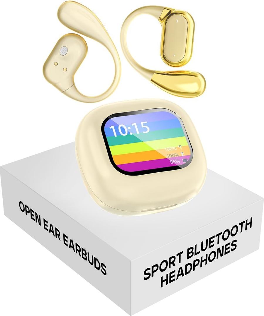 Open Ear Earbuds Wireless Bluetooth 5.4 with Touchscreen Charging Case, 32H Playtime, 6g Lightweight Running Headphones, Sport Over The Ear Earbuds for Running Cycling Workouts...Beige