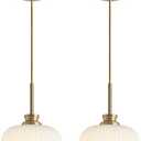 KCO Lighting White and Gold Pendant Light Large Industrial Pendant Lights Kitchen Island Ribbed Milk Glass Pendant Light Modern Globe Hanging Light Fixture (2 Pack)