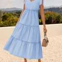 ZESICA Womens 2026 Summer Spaghetti Strap Midi Dresses Casual Tie Shoulder V Neck Flowy A Line Tiered Beach Long Dresses (Blue, S)