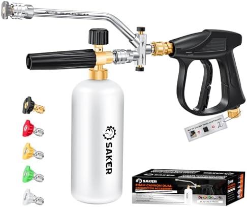 Saker Foam Cannon Dual Connector Accessory for Pressure Washer Kit,with Foam Cannon Dual Connector,Pressure Washer Gun for Car Washing and Cleaning,5 Power Washer Sprayer Nozzles