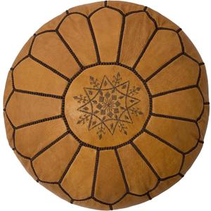 Luxury Handcrafted Moroccan Leather Pouf - Boho Chic Ottoman Seat & Footstool for Living Room Decor - Foot Rest - Round Ottoman (Light Tan with Brown Thread, Stuffed)