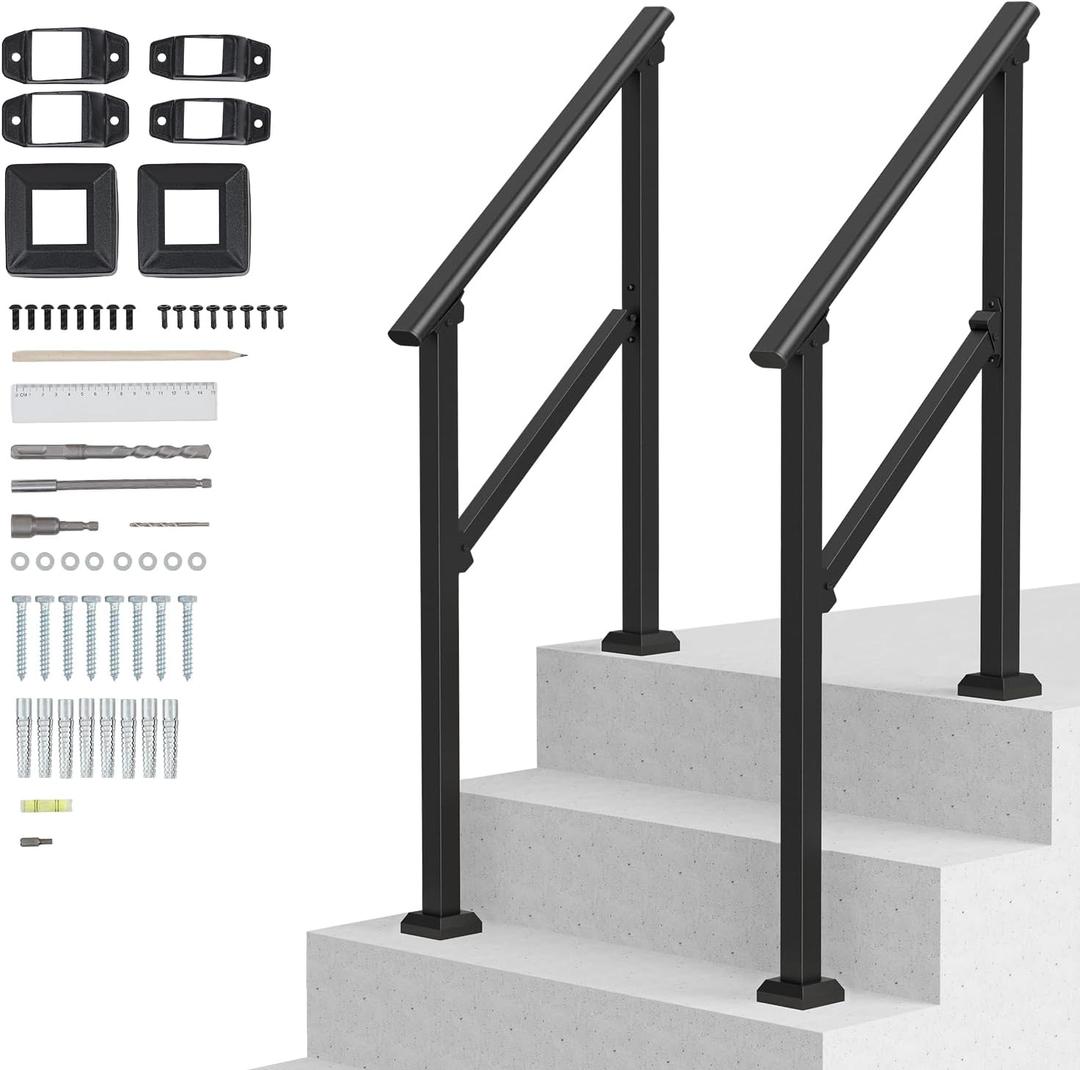 VEVOR Handrails for Outdoor Steps, 2 PCS 2 Step Stair Hand Rail Kit, Transitional Carbon Steel Railings with Installation Kit, Stair Rails for Seniors, Concrete & Porch & Deck, Black Square Tube