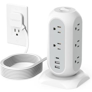 Surge Protector Power Strip Tower 10 Ft, TESSAN Flat Plug Extension Cord with 11 AC Outlets 3 USB Ports (1 USB C), 1050J Protection Charging Station for Home, Office Supplies, Dorm Room Essentials (White)