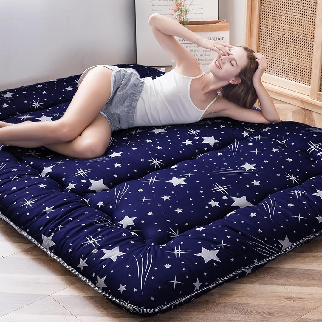 MAXYOYO Navy Starry Sky Japanese Futon Mattress, Tatami Mat Portable Camping Mattress, Kids Sleeping Pad, Foldable Roll Up Floor Lounger Couch, Twin Size with Cover