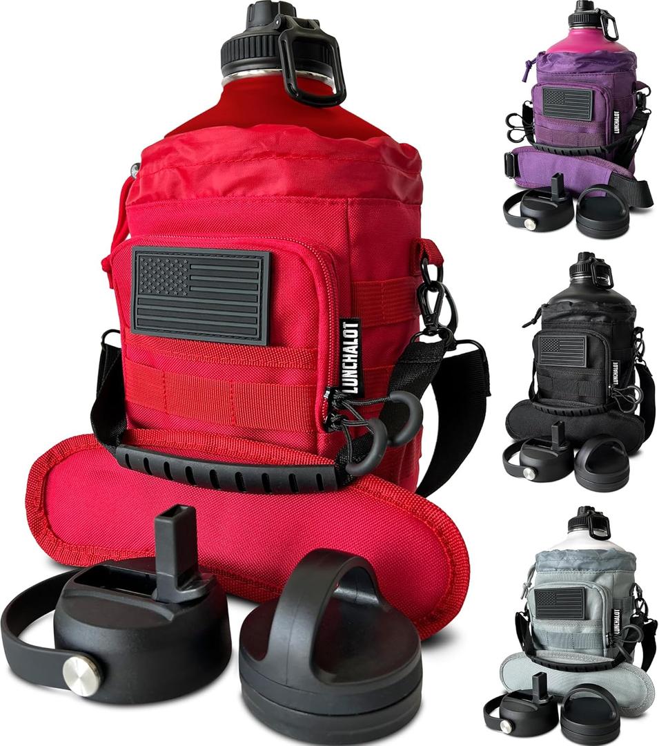 1 Gallon Water Bottle Jug - 128 Oz Insulated Stainless Steel Metal Water Bottle with Holder - Carrying Bag - Spout Handle - Straw Lids - Keep Cold & Hot - Red Tactical Flask