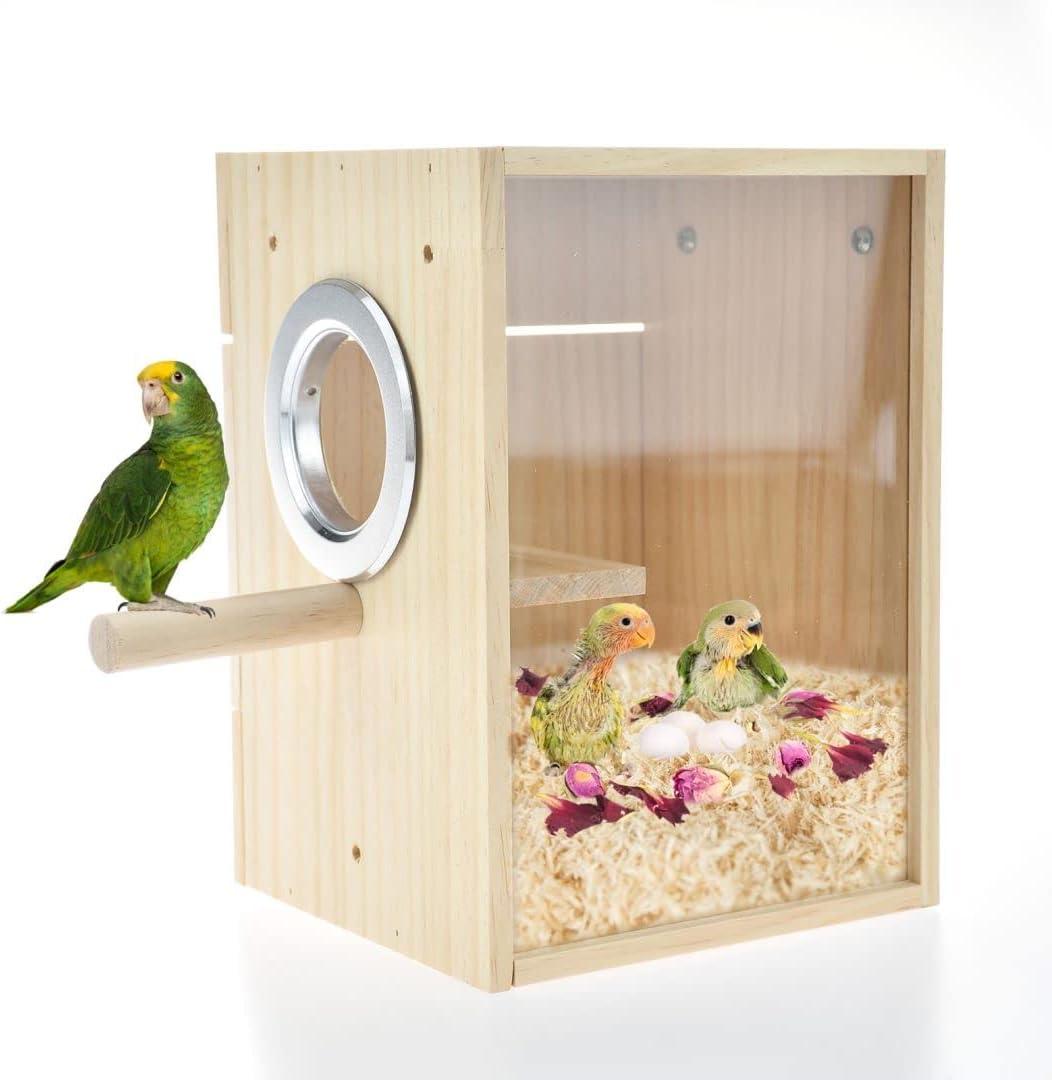 Bird Nest Box Parakeet Breeding Nest Box Bird Nest House Wooden Acrylic Transparent Breeding Box for Finch Lovebirds Cockatiel Budgie Conure Parrot (Large)