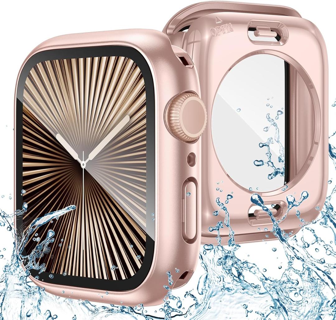 Goton 2 in 1 Waterproof Case Compatible for Apple Watch Series 11/10 Screen Protector 42mm, 360 Protective Glass Face Cover Hard PC Bumper + Back Frame for iWatch Accessories 42 mm (Original Rose Gold)