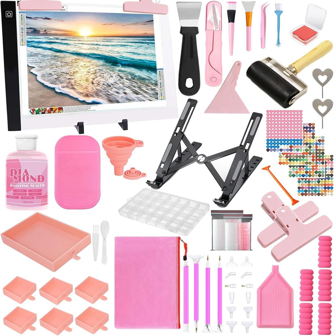 XEUZK All-Inclusive Diamond Art Accessories Kit with A4 Diamond Painting Light Pad Kit, Light Board for Painting Accessories, Bead Organizers & 5D Painting Tools Set for Full Drill & Partial Drill Art