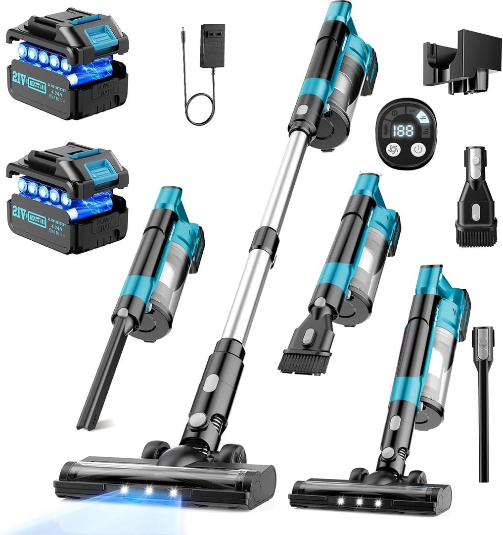 Cordless Vacuum Cleaners for Home with 2*Battery 8000mAh, Brushless Rechargeable Stick Vacuum with 3 Mode, 6 In 1 Portable Handheld Cordless Vacuum for Pet Hair /Hardwood Floor/Dorm/Carpet (Blue)