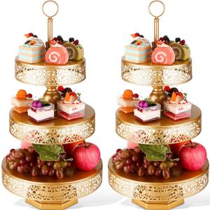 Dandat 2 Pcs Cupcake 3 Tiered Metal Dessert Stand Round Cupcake Tower Cake Holder Stand Tiered Serving Tray for Wedding Baby Shower Birthday Tea Party Table Decor(Gold)