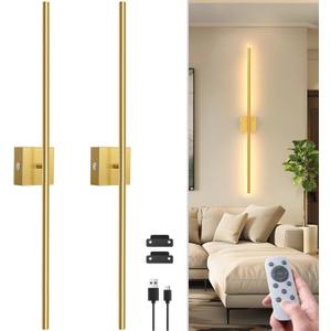 NIORSUN 35 Inch Battery Operated Wall Sconce Set of 2, 360 Rotation Gold Rechargeable Wall Lights with Detachable Tube and Remote, 3CCT Dimmable Wireless Wall Lamp for Living Room Bedroom Hallway