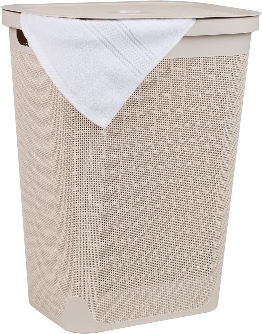 Mind Reader 60L Slim Laundry Hamper, Clothes Basket, Lid, Linen Design, Plastic, Ivory