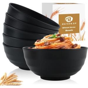 Wheat Straw Bowls Unbreakable Large Salad Bowls 60 OZ Set of 6, Microwave and Dishwasher Safe Large Plastic Bowl, Big Bowl for Eating, Serving Soup, Ramen, Popcorn (Black)