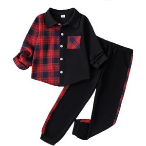 Boy Clothes Fall Winter Outfits Long Sleeve Plaid Patchwork Button Down Shirt + Casual Pocket Sweatpants (11-12 Years, Red)