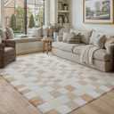 5x8 Checkered Area Rug Beige Fluffy Shag Living Room Throw Rug Washable Non-Slip Soft Pile Fuzzy Carpet for Bedroom Dorm Bathroom Dining Room Home Aesthetic Decor Indoor