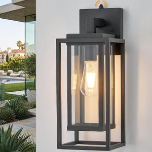 18" Dusk to Dawn Outdoor Wall Light Fixtures with Photocell Sensor Auto On Off, Waterproof Exterior Lantern,Double Cage Satin Black Clear Tempered Glass, Wall Sconce for Patio Front Door Porch Garage
