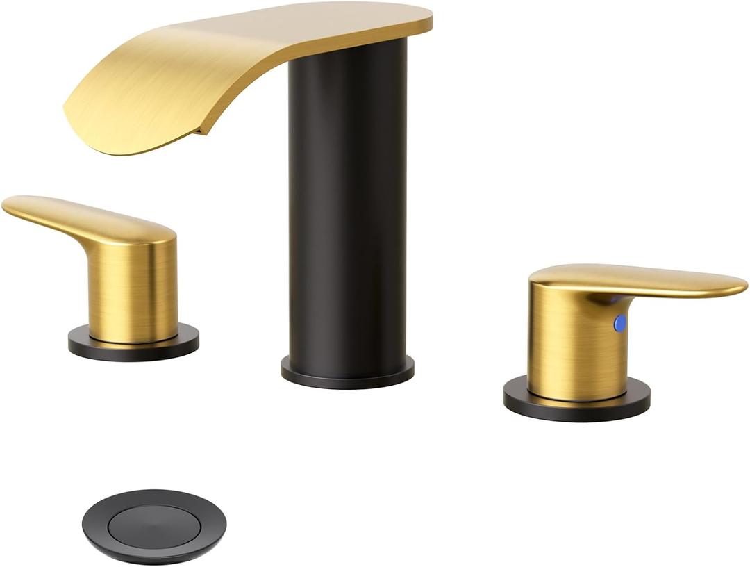 WOWOW Waterfall Bathroom Faucet 3 Holes 8Inch Widespread Bathroom Sink Faucet, Two Handles Lavatory Vanity Sink Faucets with Pop-up Drain & Supply Hoses, Modern Faucet Mixer Taps Black and Gold