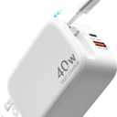 Retractable Wall Charger,40W PD Fast USB Charger Block with Retractable Lightening Cables for iPhone,Portable Adapter with Foldable Plug for iPhone14/13/12,iPad,Air-Pods