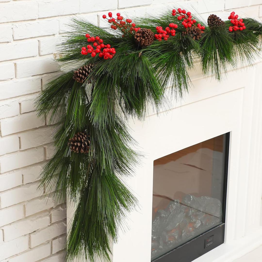 6ft Christmas Long Needle Pine Garland Realistic Norfolk Pine Garland with Pinecones Red Berries Artificial Real Touch Greenery Xmas Decor for Indoor Outdoor Mantel Dining Table Stair
