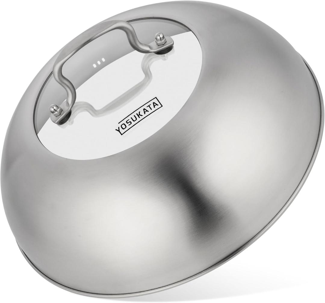 YOSUKATA Wok Lid 11.4 In - Premium Stainless Wok Cover with Tempered Glass Insert Steam Holes and Ergonomic Handle - Durable Wok Accessories - Dishwasher-Safe Lid for 11.8-In Wok - Chees Melting Dome (29 cm for wok 30 cm)