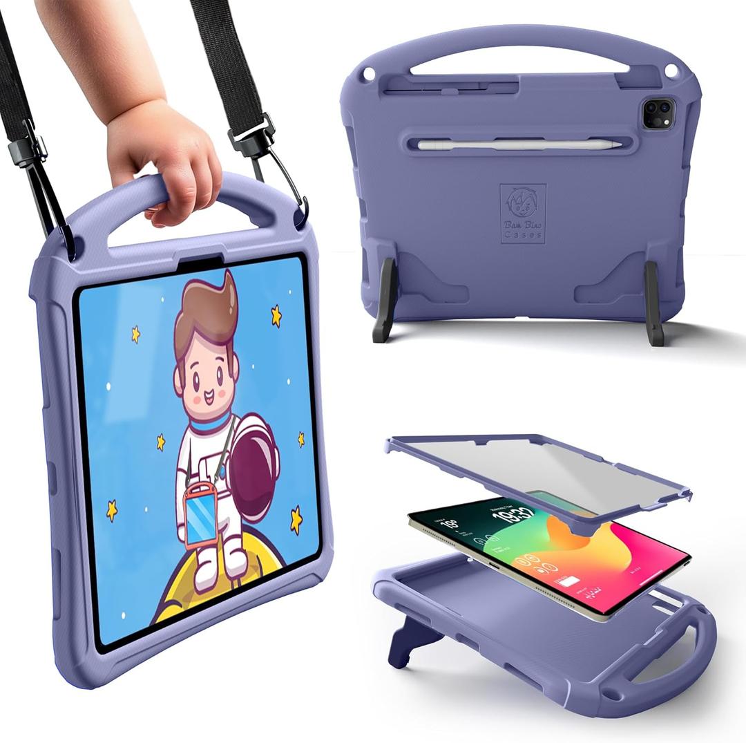 Bam Bino Space Suit Kids Case for iPad Pro 12.9" 3rd/4th/5th/6th Generation (2018-2022) Models [Not for iPad Pro 12.9 1st/2nd Gen] Screen Guard, Handle, Shoulder Strap, Pencil Holder (Nebula Violet)