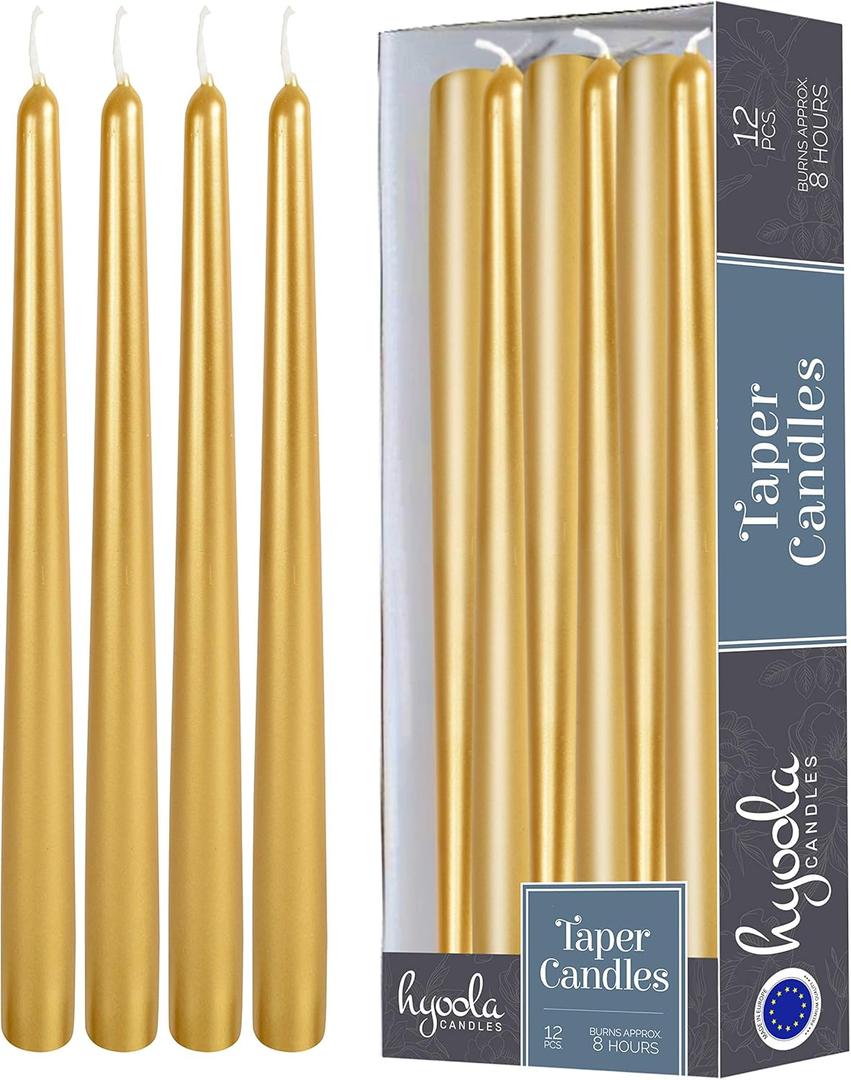 Hyoola Tall Taper Candles - 10 Inch Metallic Gold Dripless, Unscented Dinner Candle - Paraffin Wax with Cotton Wicks - 8 Hour Burn Time (Pack of 12)