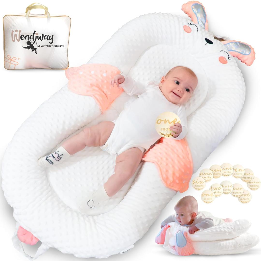 Baby Lounger - Baby Lounger w/Adjustable Side Panels, Infant Lounger for 0-12 Months - Foldable Infant Lounge, Newborn Lounger w/ 12 Milestone Circles - Pink