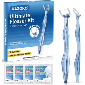 RAZOKO Flosser Kit, Shred-Resistant, Insert & Rotate 90 to 135 for Hard-to-Reach Areas, PTFE & PFAS Free, 2 Handles + 240 Refill Heads, Blue