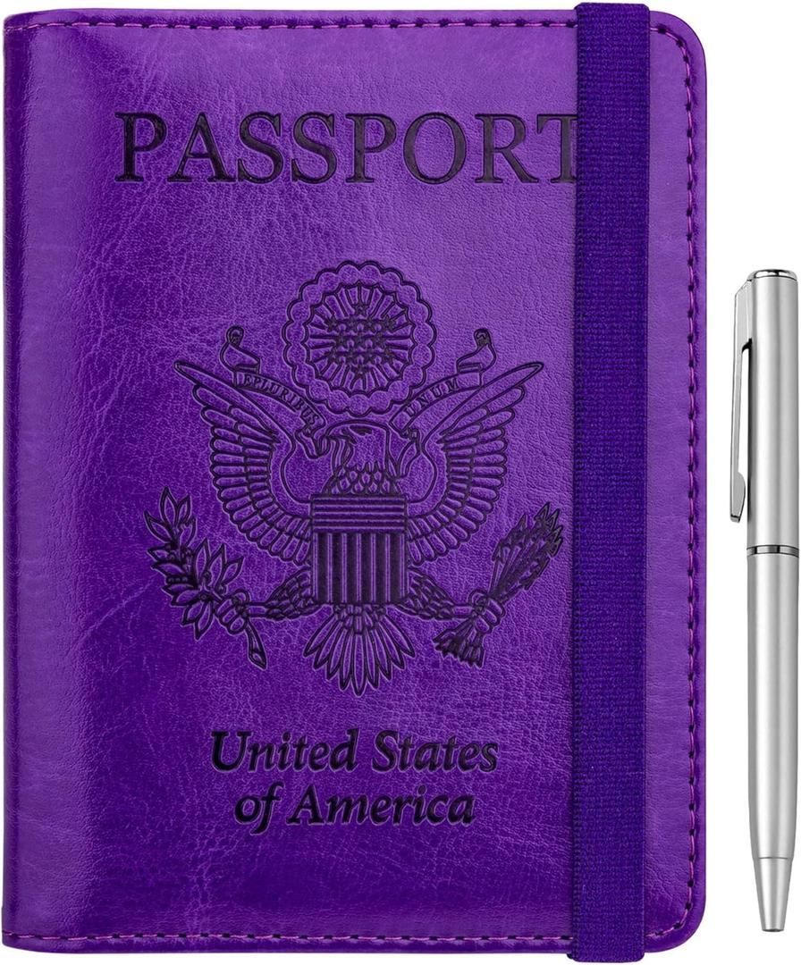 WALNEW Passport Holder for Travel, RFID Passport Cover Wallet for Women Men, PU Leather Passport Book Card Holder Case with Pen (Elastic Band Closure, A-Purple)