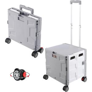 FELICON Folding Utility Cart Portable Rolling Crate Handcart with Durable Heavy Duty Plastic Telescoping Handle Collapsible Hidden Lid 4Rotate Wheels for Travel Shop Move Office Teacher(Gray&White)