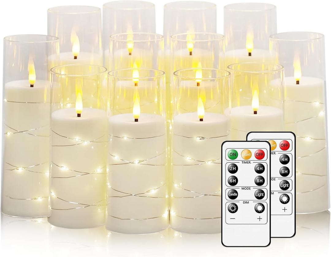 Flameless Candles with Embedded Star String, 12 Pcs Battery Operated LED Pillar Candles with Remote and Timer, Suitable for Home Decor, Party, Christmas & Wedding (White)