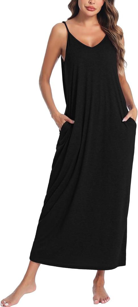 Marvmys Womens Cotton Long Nightgowns Spaghetti Strap V Neck Full Slip Sleep Shirts with Pockets, M