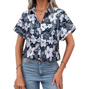 Short Sleeve Button Down Shirts for Women Summer Hawaiian Blouses Cap Sleeve Oversized Work Office Tops Solid/Floral, M