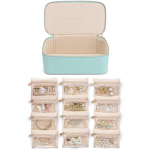Vlando Jewelry Travel Case,Travel Jewelry Organizer with Clear Velvet Jewelry Bags 12Pcs Zipper Pouch for Women Girl Trendy Stuff Gift-Lake Blue